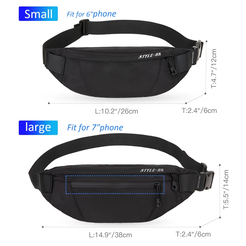 Impermeável preto Fanny Pack para homens, saco de cinto de dinheiro, bolsa masculina, carteira de viagem para adolescentes, sacos de cintura, caixa