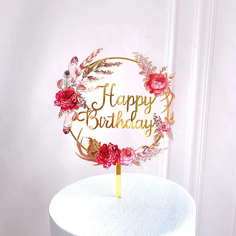Neuer Happy Birthday Kuchenaufsatz mit Blumenmotiv, Goldener Acryl-Dessert-Dekor für Babyparty-Geschenke – Detail 10