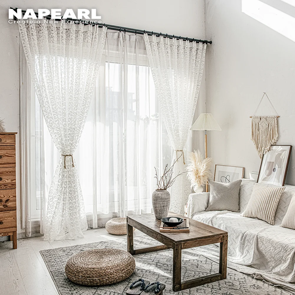 NAPEARL Estilo Europeo Diseño Jacquard Decoración del Hogar Cortina Moderna Telas de Tul Organza Panel Transparente Tratamiento de Ventana Blanco