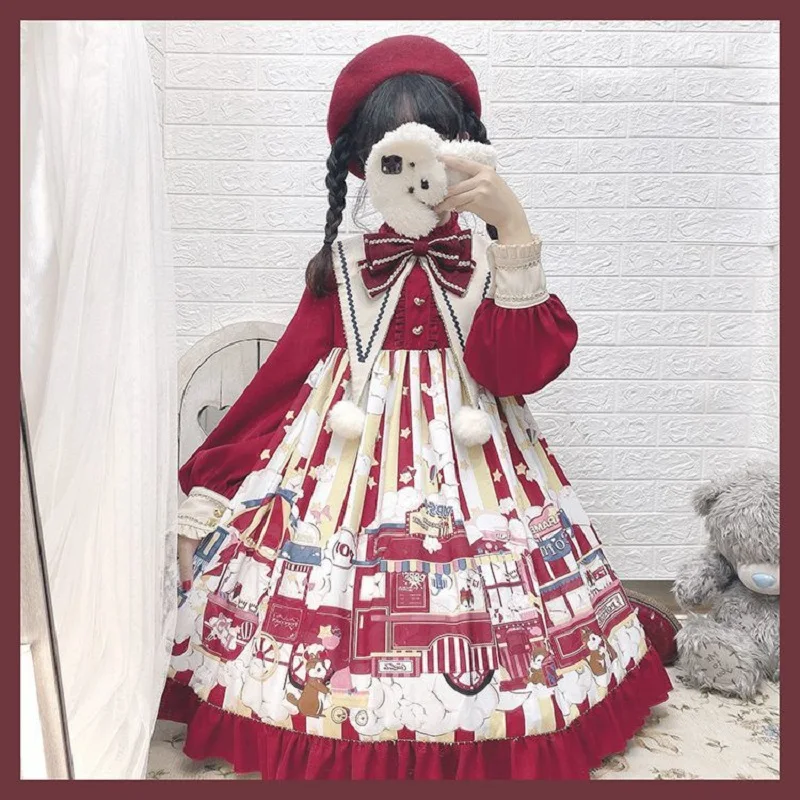 Robe Lolita à manches longues pour filles, tenue de princesse, Vintage, avec nœud, pour noël, nouvel an, japonais