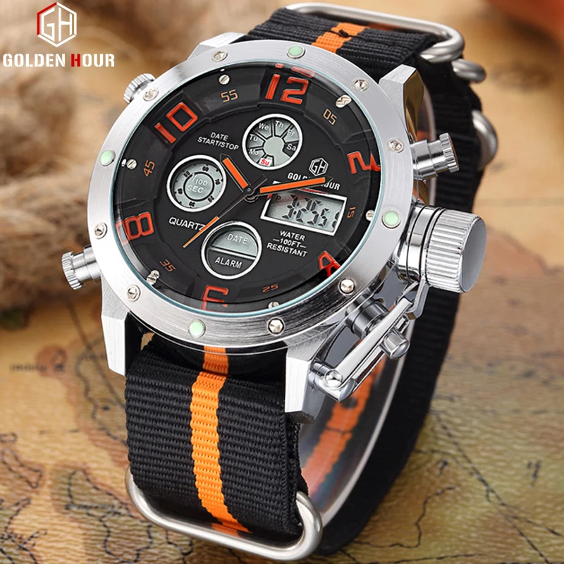 

GOLDENHOUR Sports Watches Men Analog Digital Army Military LED Display Men Watches Clock Male Quartz Watch Relogio Masculino