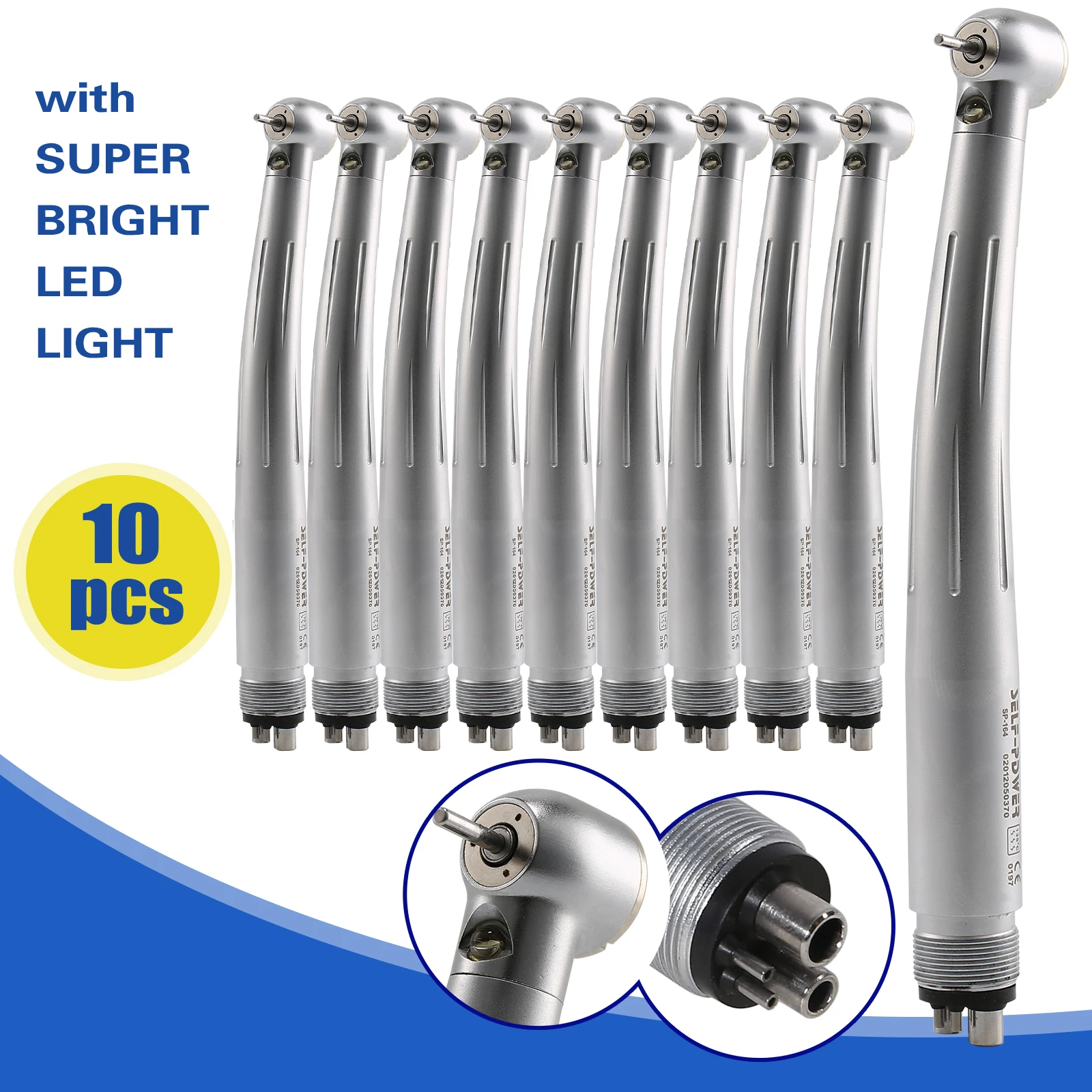 10 Pcs Dental High Speed Hand piece LED E-generator Large Torque Head 4 Hole Triple water spray Air Turbine self-power Push PDM