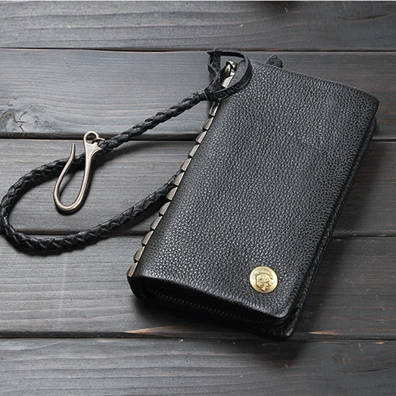 Fashion PUNK Rivet Chain Genuine Leather Wallet Men Long wallet Male Purse Clutch Bag Money clip Phone Case Black WL009