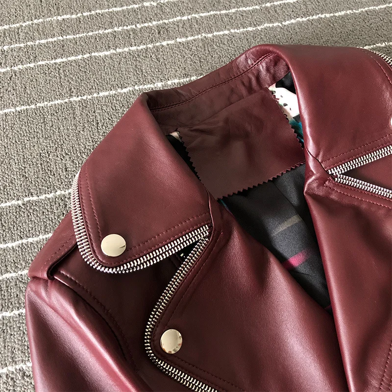 Genuine Leather Jacket For Women Classic Ladies Moto Biker Jacket 2023 New Spring Autumn Vintage Burgundy Loose Casual Outwear