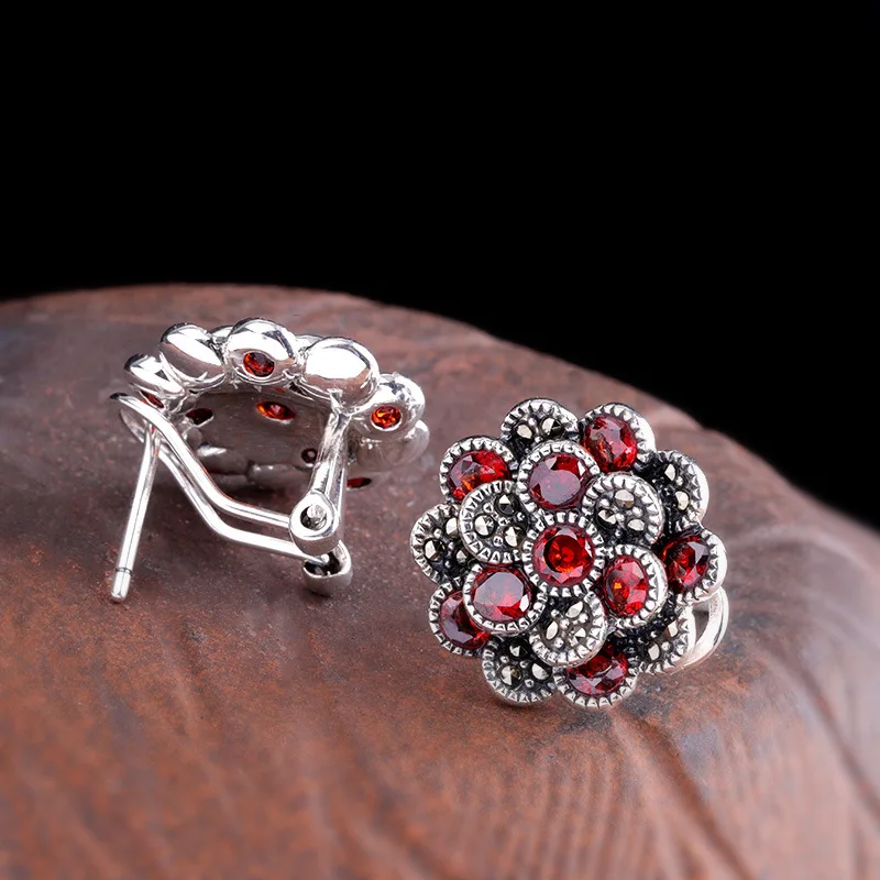 Uglyless Blooming Flower Garnet Earrings for Women Vintage Ethnic Marcasite Stud Earrings Real 925 Silver Brincos Jewelry E1540