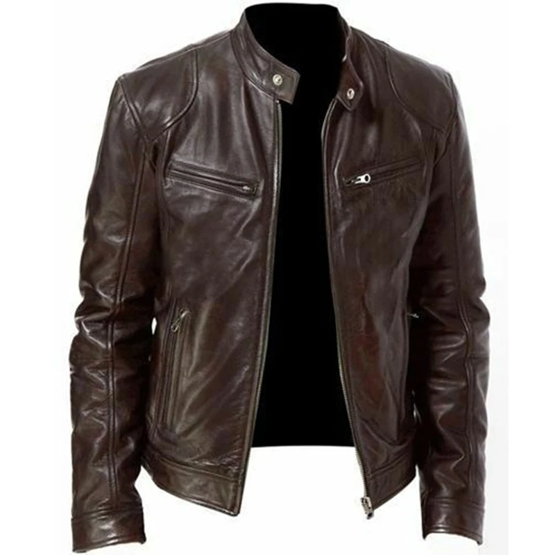 Men Leather Jacket Plus Size Black Brown Mens Stand Collar Coats Leather Biker Jackets  Motorcycle Leather Jacket（Faux Leather）