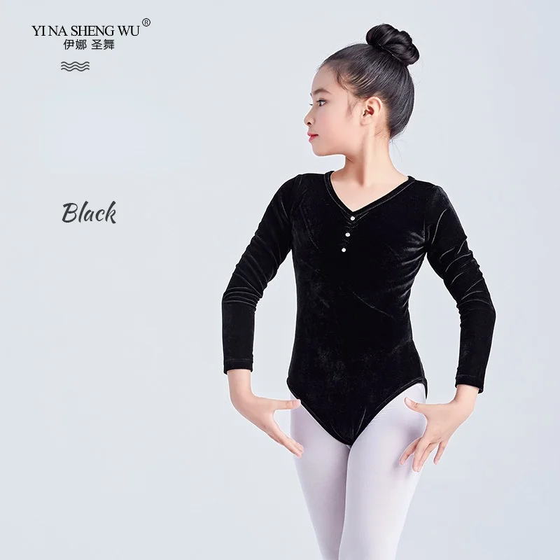 Ballet Dance Leotards Girls Long Sleeve Gold Velvet Gymnastic Dancing Costume Kids V-neck Ballet Practise Leotard for Dancewear