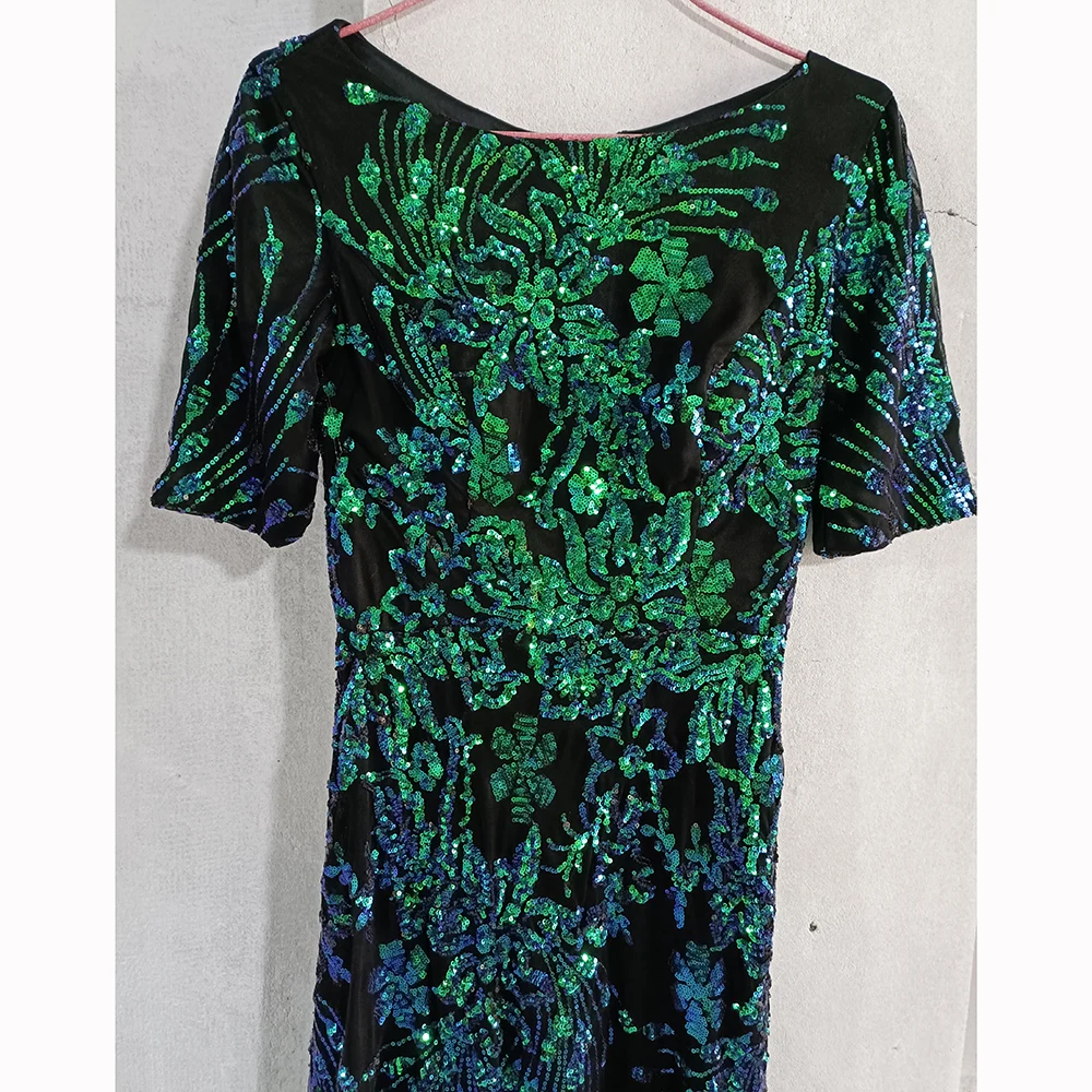 Vestidos longos de lantejoulas, vestidos sexy sereia para festa, O-pescoço, verde, brilho, AE0478