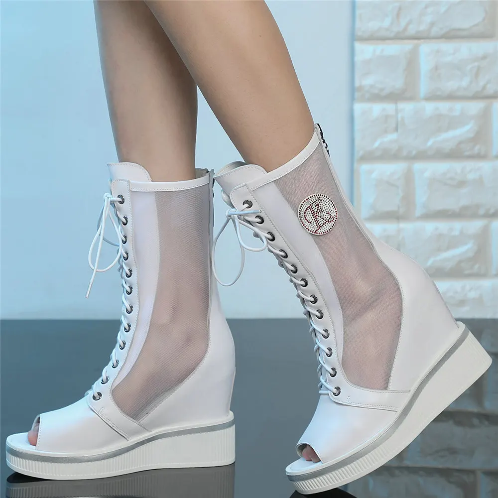 Platform Pumps Shoes Women Genuine Leather Wedges High Heel Ankle Boots Female High Top Open Toe Fashion Sneakers Casual Shoes