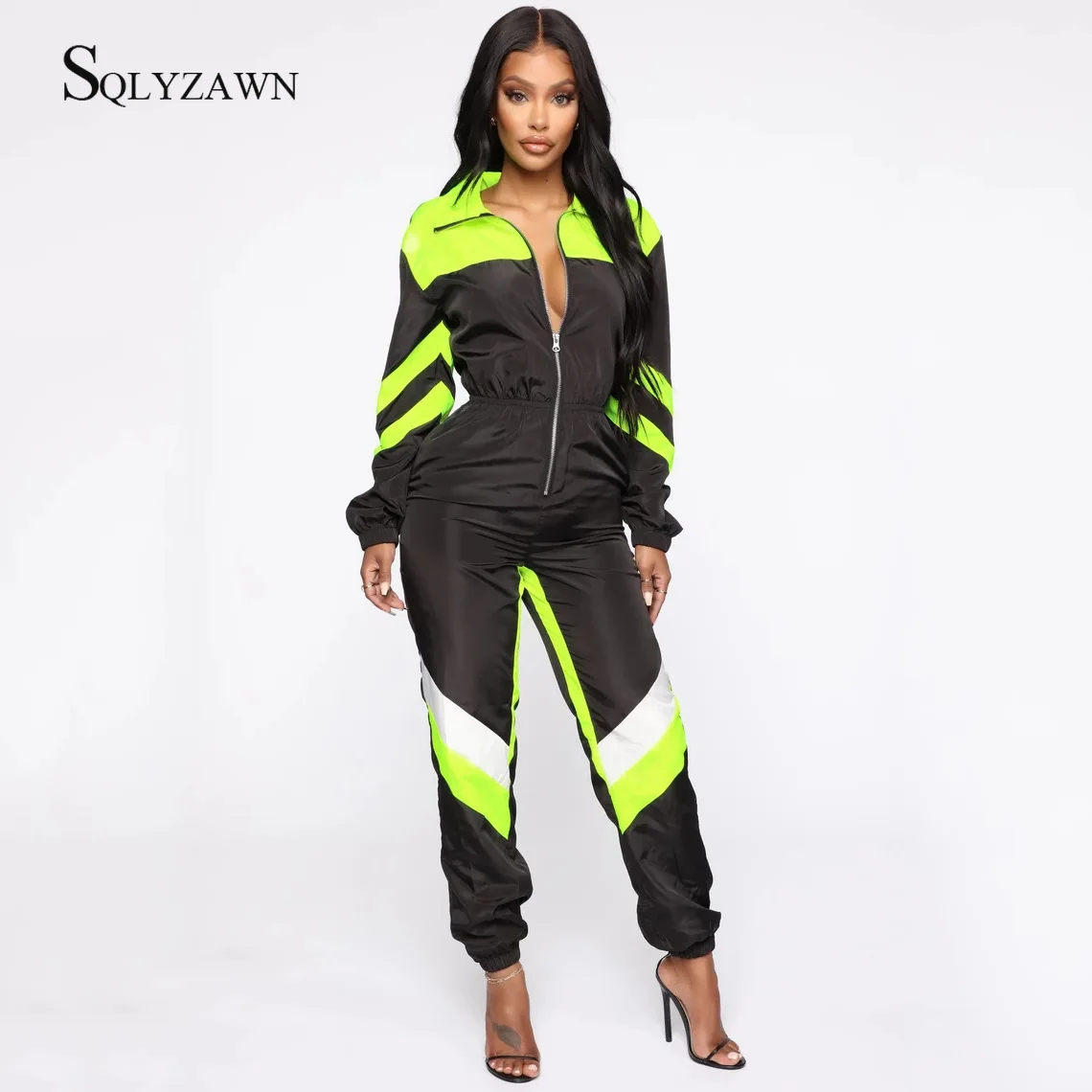 

Casual Neon Color Patchwork Loose Jumpsuits Women Zipper Long Sleeve Rompers Fashion Autumn 2019 One-piece Jumpsuit Overalls
