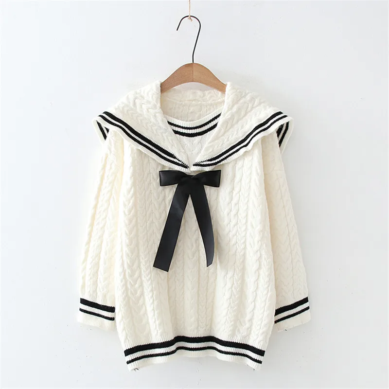 Vintage Sailor Collar Women Knitted Sweater Winter Harajuku Kawaii Cashmere Warm Cozy Pullover Female Wool Long Sleeve Jumper