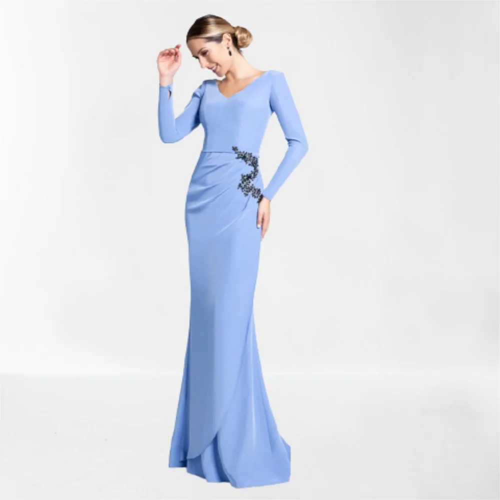 V-Neck Long Sleeve Prom Dresses Light Sky Blue Elastic Satin Sheath Floor Length Evening Gowns Dress Formal