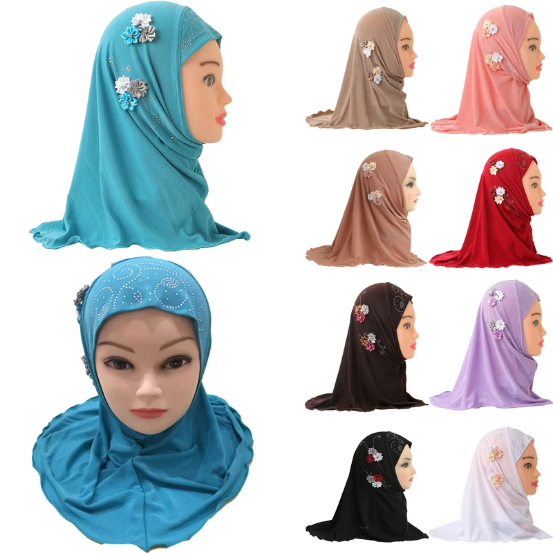 Muslim Girls Instant Scarf Hijab Islamic Kids Plain Flower Turban Headscarf Shawls Elastic Kid Burqa for 2-7 Years Old Children