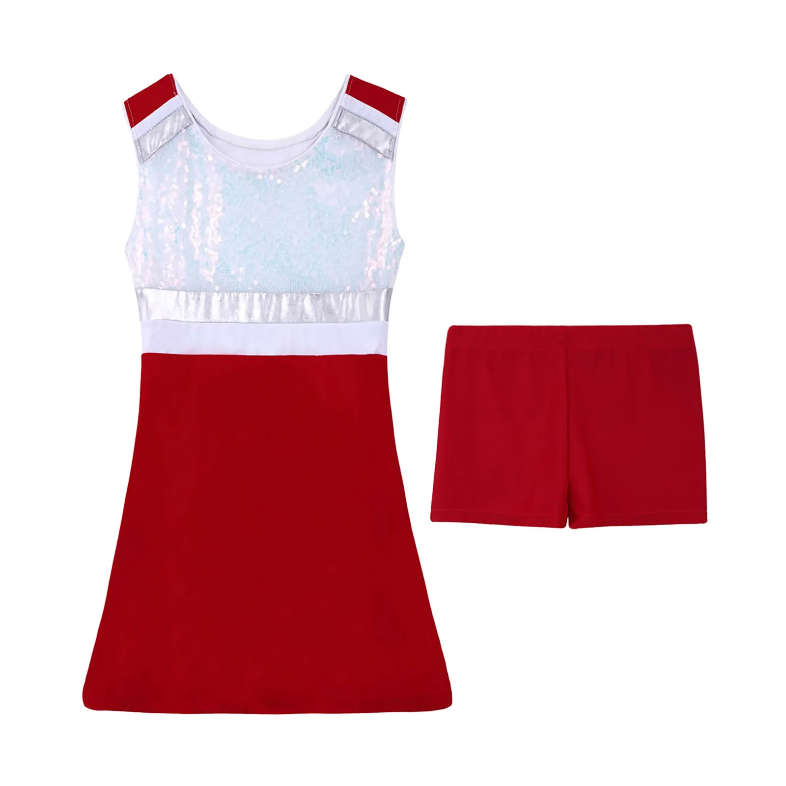 

Kids Girls Cheerleading Outfits with Shorts Sleeveless Sequins Sports Dress Set Cheer Uniform Jazz Dancewear Halloween Costume