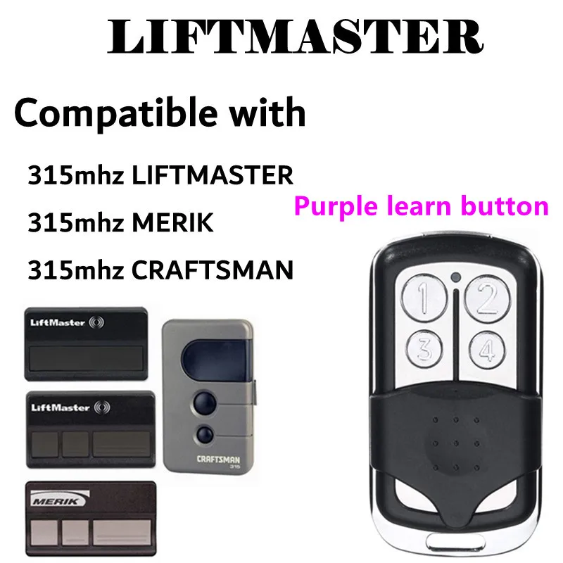 Control remoto para puerta de garaje, abridor de puerta de garaje con botón de aprendizaje púrpura, 315mhz, 371LM, 372LM, 373LM, 374LM