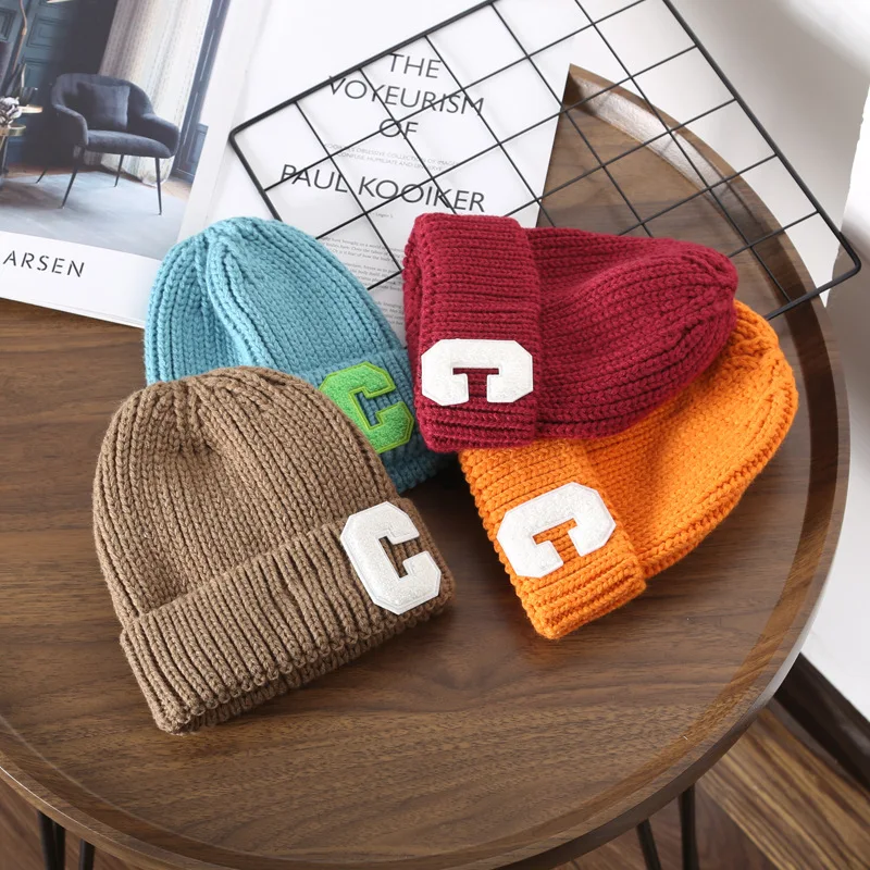 Korea Winter Knitted Skullies Beanies Winter Letter C Hat Soft Hip Hop Hat For Men Women Casual Beanies Bonnet Unisex Solid Cap