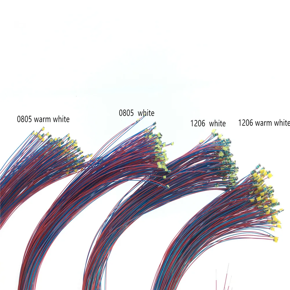 100pcs/lot 0402 0603 0805 1206 White Warm White SMD Model Train HO N OO Scale Pre-soldered Micro Litz Wired LED Leads Wires 20cm