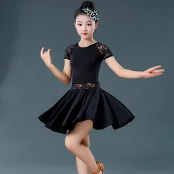 Vestido de baile latino para niños, tutú de encaje negro y rojo, ropa de escenario, disfraz de baile de Salsa y Samba, 120-160CM