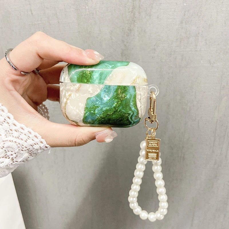 Para Apple AirPods 1 2 3 Pro funda de lujo verde Esmeralda mármol brillante funda para auriculares para AirPods 3 funda lindo corazón perla llavero