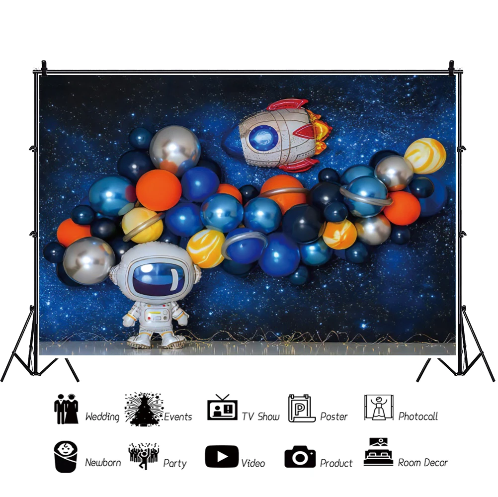 Laeacco Cartoon Astronaut Universe Planet Starry Baby Birthday Scene Background Spaceship Pattern Banner Photography Backdrops