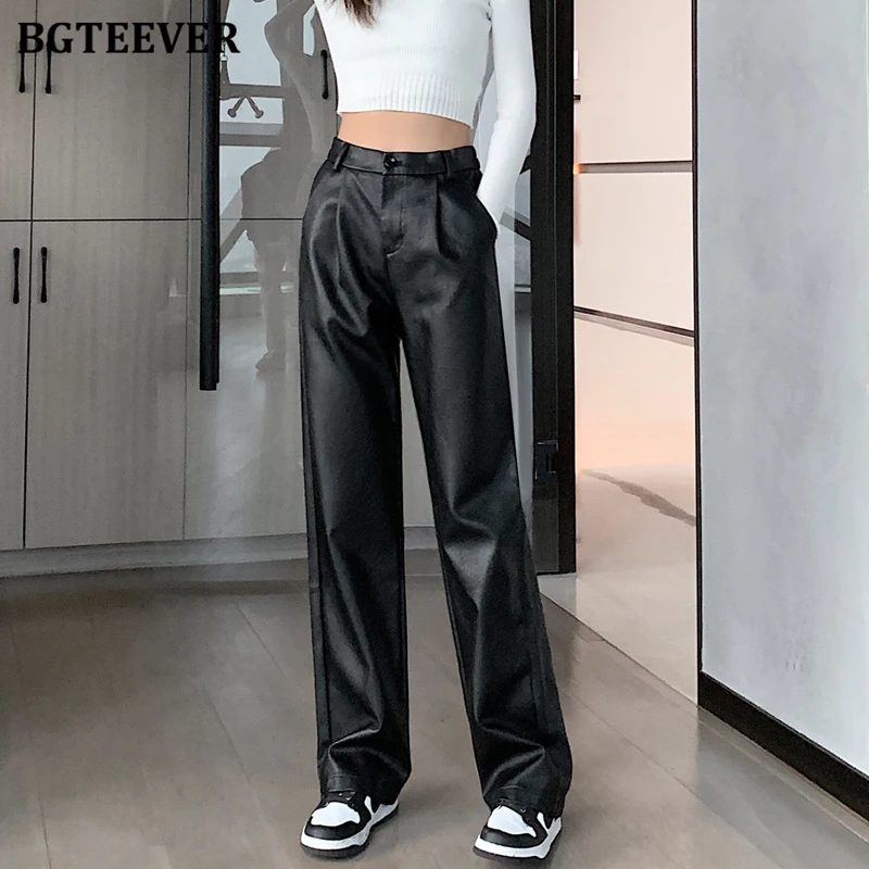 BGTEEVER pantaloni eleganti in pelle PU da donna eleganti allentati autunno inverno nuovi pantaloni dritti in ecopelle a vita alta da donna di moda