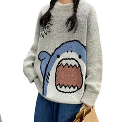 Women Men Cartoon Shark Print Sweater Round Neck Long Sleeve Oversized Pullover Top Harajuku Hip Hop Loose Knit Jumper