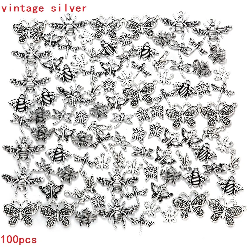 100pcs Mixed Styles Animal Heart Key Crown Charms