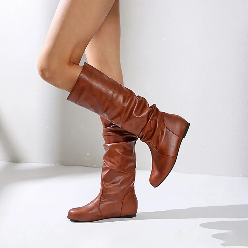 Women\'s Knee High Boots Autumn Winter Female Shoes Fashion Woman Slip-on Folds Low Heel Round Toe Flat Long Boots Botas De Mujer