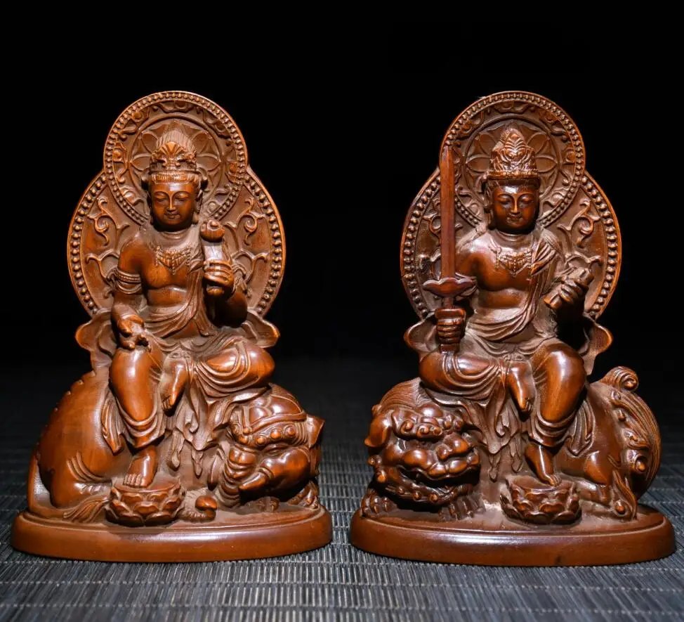 

Archaize seiko Hand-carved boxwood Manjusri bodhisattva Samantabhadra bodhisattva crafts statue