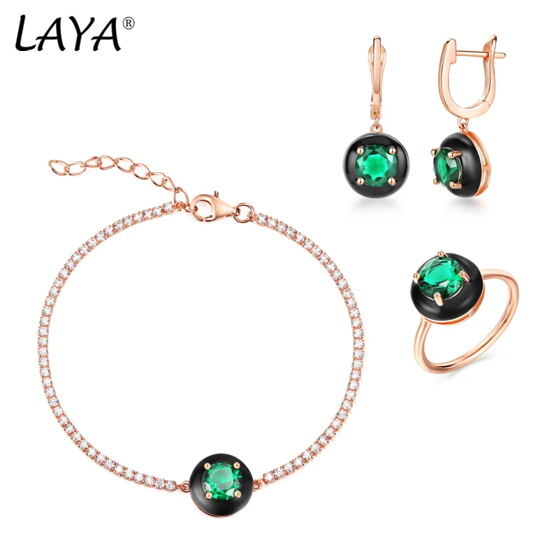 Laya Silver Brecelet Earrings Ring Sets For Women 925 Sterling Silver Retro Style Created Crystal Green Glass Enamel Jewelry