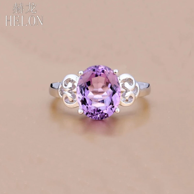 

HELON 925 Sterling Silver Flawless Oval Cut 8X9mm Genuine Amethyst Ring Trendy Fine Jewelry Gemstone Women Ring