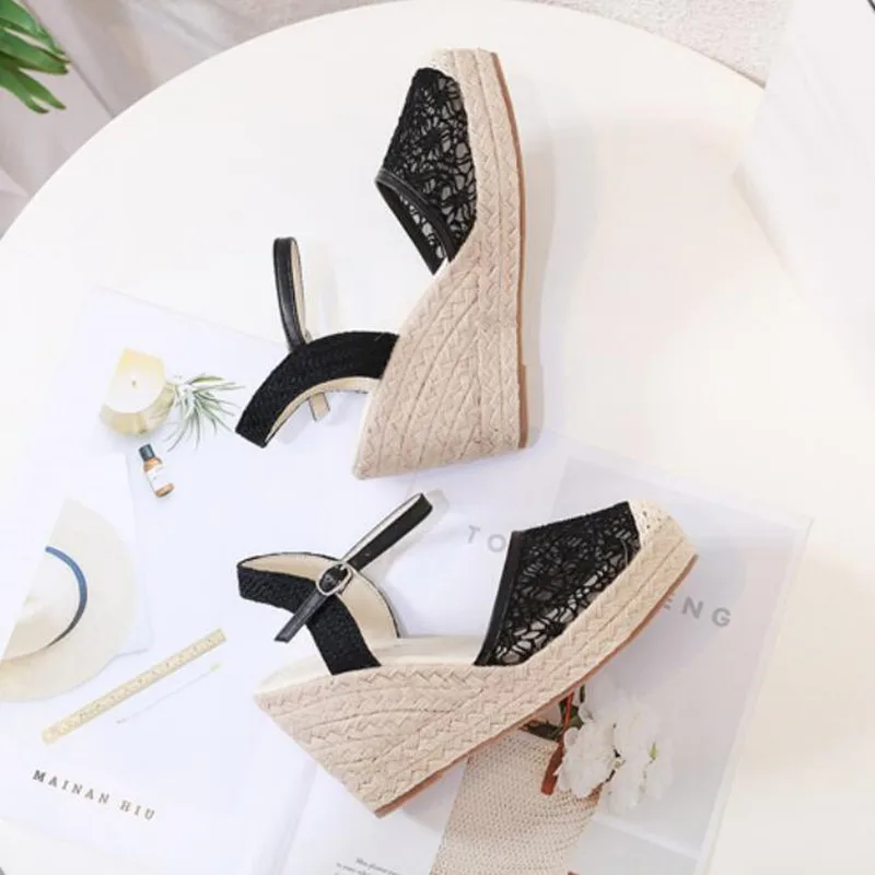 Women Summer Wedge Pumps Lace Air Mesh Sandals Ladies Ankle Strap Fisherman Sandal chaussure femme Straw Braided Female Wedges