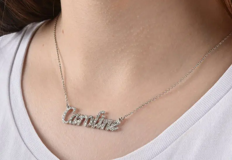 Imagem -02 - Colar de Nome de Pedra de Cristal Espumante Personalizado Personalizado 925-sterling-prata Pingente Gargantilha para Mulheres Meninas Placa de Identificação Mom Presente