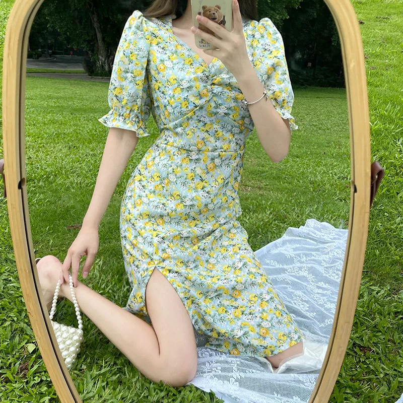 Short Sleeve Dress Women Sexy Floral Dresses Side-slit Puff-sleeve Midi Vestidos Sweet Defined Waist Mujer French Style Hot Sale