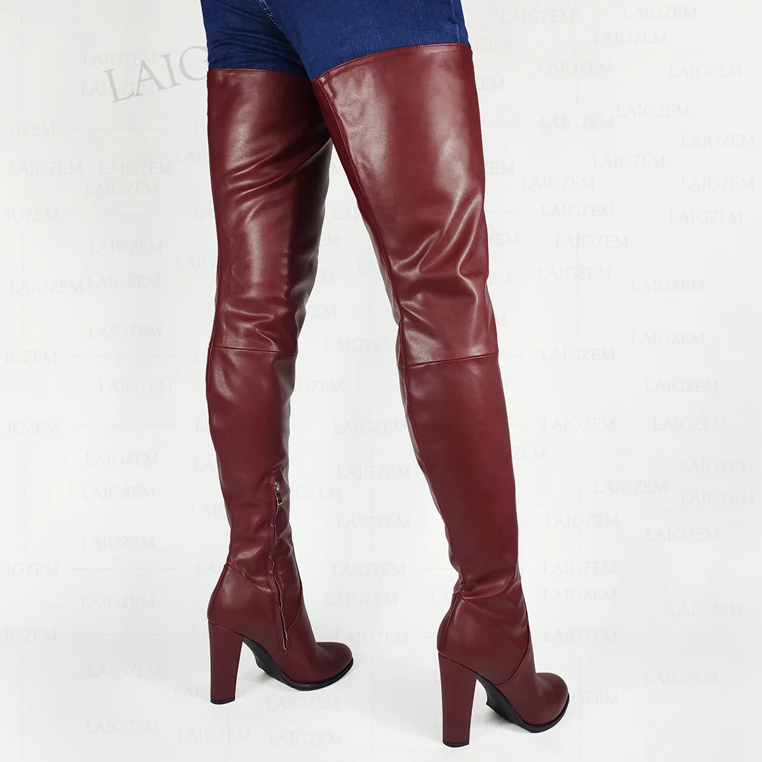 LAIGZEM Women Thigh High Boots Faux Leather Thick Heels Over Knee Boots Round Toe Handmade Ladies Shoes Woman Big Size 41 44 47