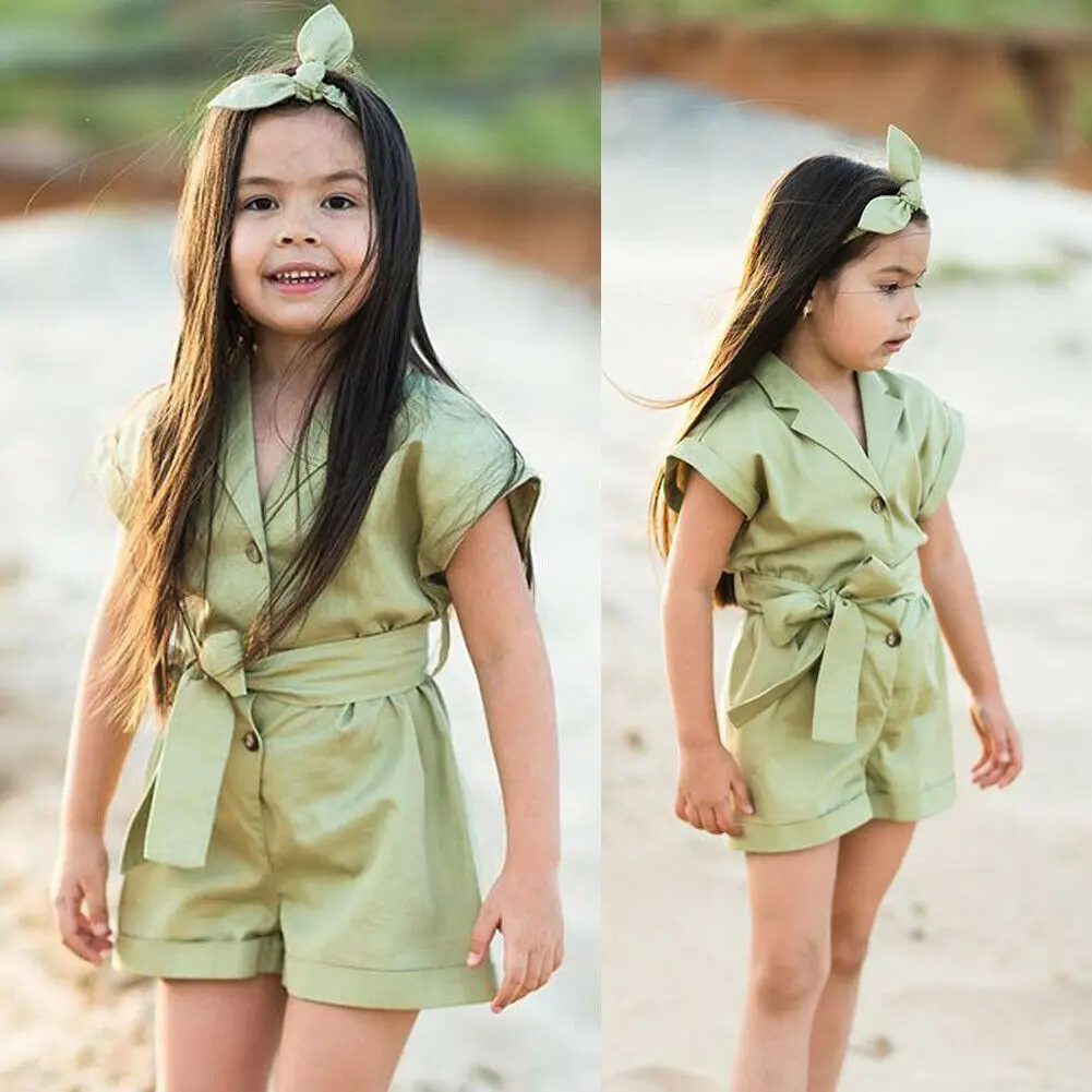 Toddler Kids Baby Girls Bow-tie Waist Romper Jumpsuit Playsuit Summer Outfit Set 2019 Streewear England style girl playsuit khak