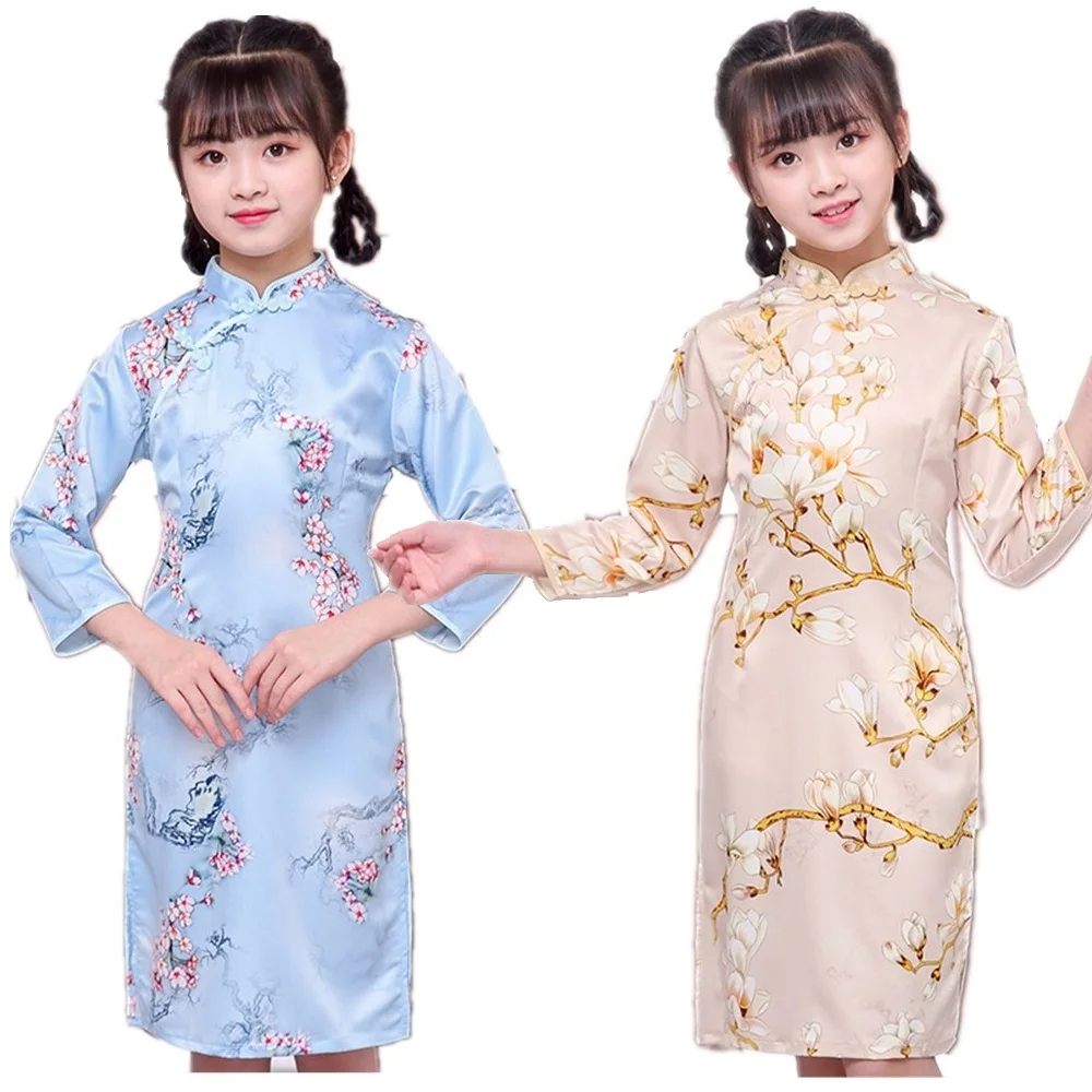 Silk Floral Girl Dress Chinese Costume Children Chi-Pao Cheongsam Dresses Traditional Party Wedding Girl Clothes Outfits Soft