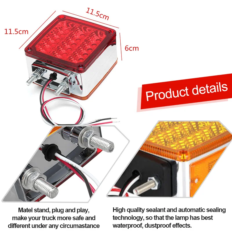 2xTruck Trailer Square Double Face Pedestal Stop Turn Tail Light Amber/Red 39 LED for Peterbilt Freightliner Kenworth Mack