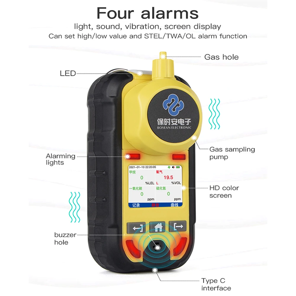 Bosean  4 in 1 Oxygen Hydrogen Sulfide Carbon Monoxide Leak Detector Pump Multi Gas Detector Gas Meter O2 H2S CO LEL