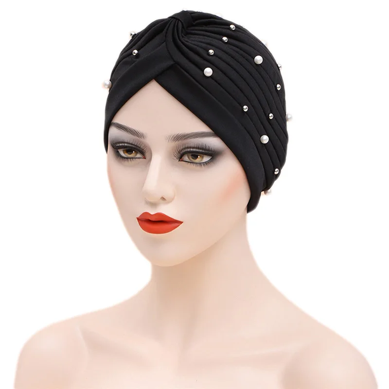 Muçulmano Hijab Turbante com Contas para Mulheres, Cabeça Envoltório, Cueca, Osso Bonnet, Plissado Chemo Cap, Indian Hair Loss Cover, Beanie, Novo Headwear