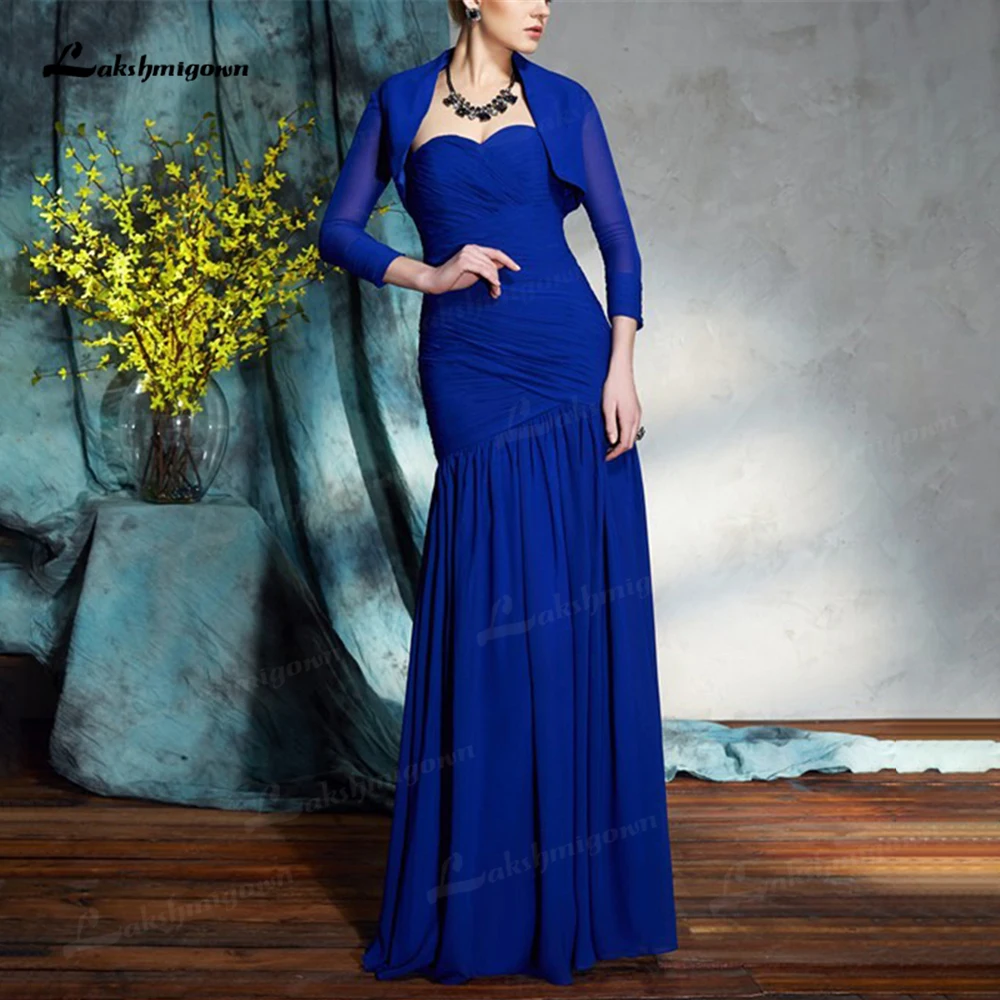 Elegant Blue Chiffon Vrouwen Trouwjurken Schede Applicaties Kralen Ruches Vestido De Madrinha Moeder Jurken Met Jacket