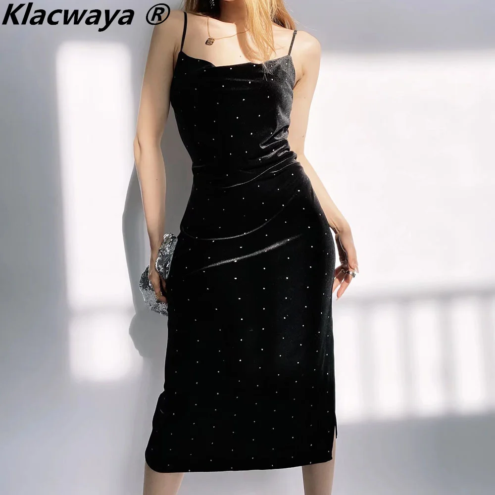 Klacwaya Black Velvet Dresses For Women 2022 Spring Vintage Spaghetti Strap Sexy Party Dress Woman Clothes Evening Long Dresses