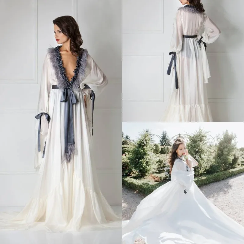 Custom Made Vintage Night Robe Long Sleeves Ruffle V Neck Feathers Women Sleepwear Nightgown Robes with Sash Sexy Homedress