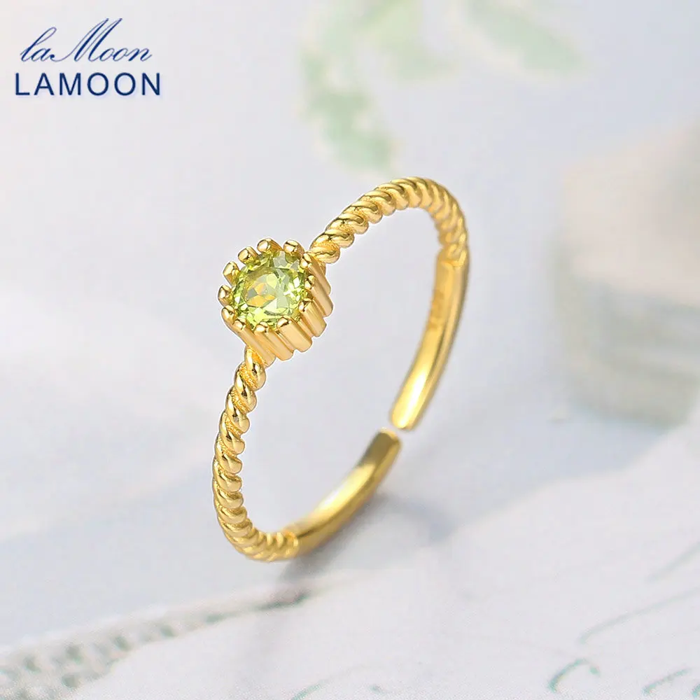 LAMOON 925 Silver Ring For Women Natural Peridot Gemstone 14K Gold Plated Fine Jewelry Twist Korean Ring Lucky Stone Bijou RI121