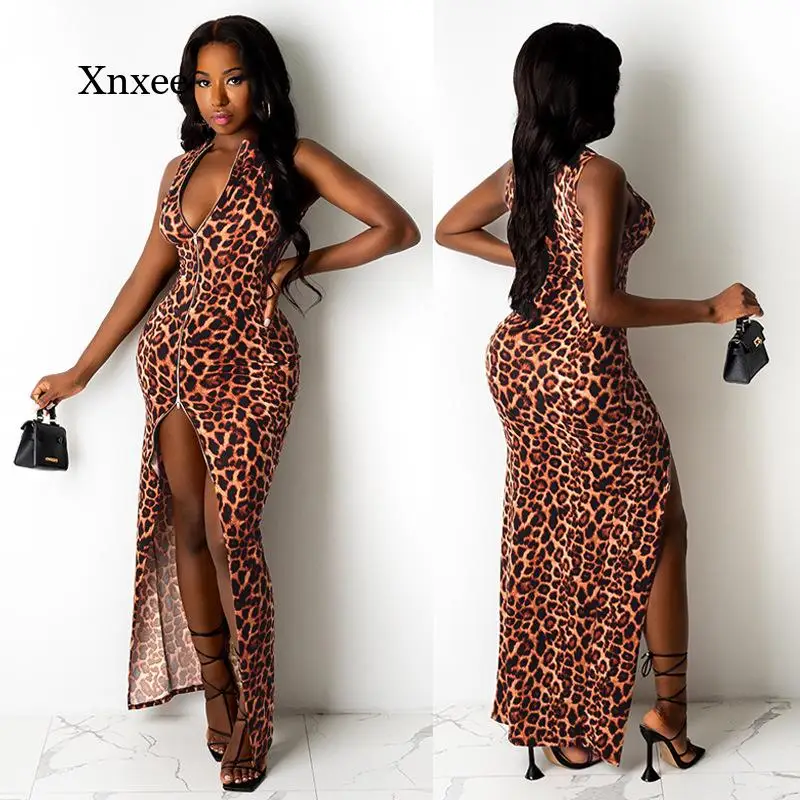 Women Splited Maxi Dress Leopard Print Sleeveless Zipper Dresses Sexy Night Club Party Bodycon Vestidos Summer Outfits 2021 Robe