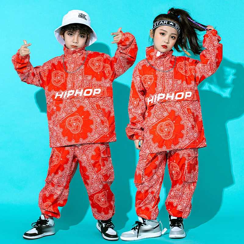 

Hip Hop Costume Kids Street Dance Clothing Girls Print Red Long Sleeves Tops Pants Boys Concert Performance Stage Costume BL7667