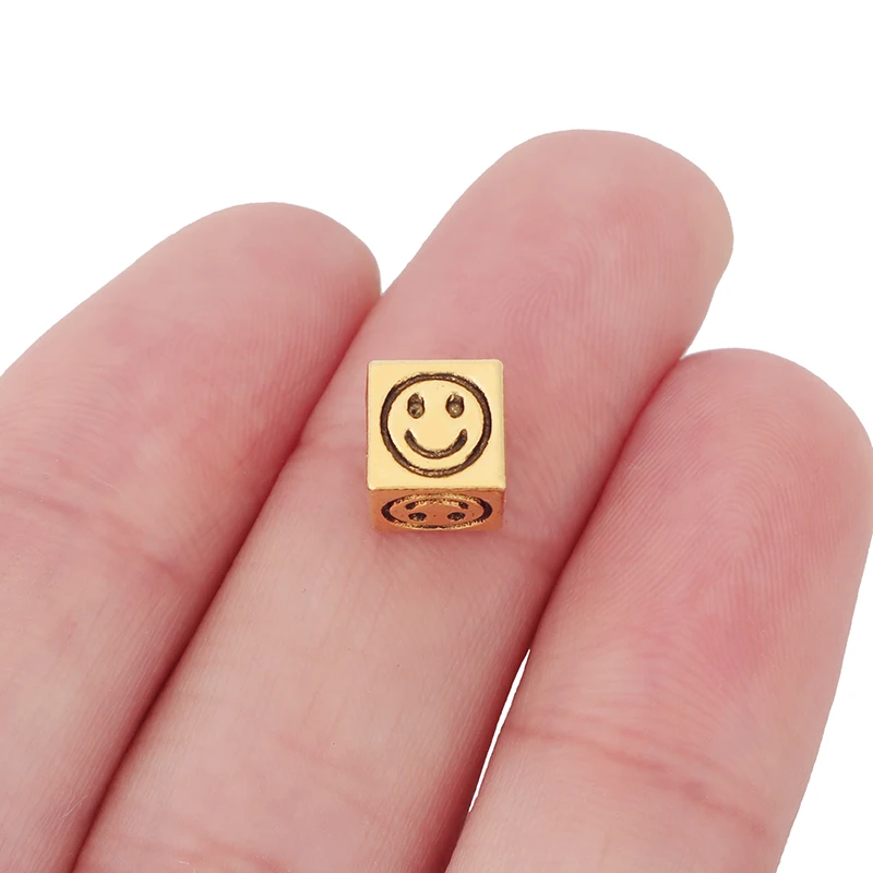 10 x Tibetan Silver/Gold Color Square Smile Face Spacer Beads Charms 4 Sided for DIY Bracelet Jewelry Making Accessories