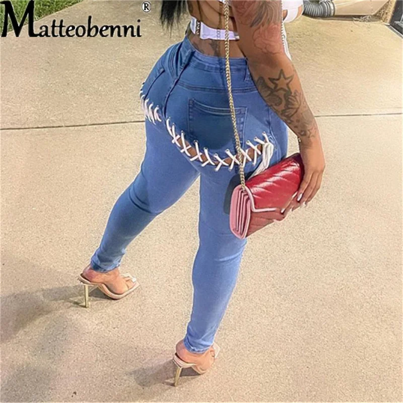 Sexy Buttock Lace Up Blue Ripped Skinny Indie Jeans Street Women Push Up Butt Bandage Distressed Denim Pencil Pant