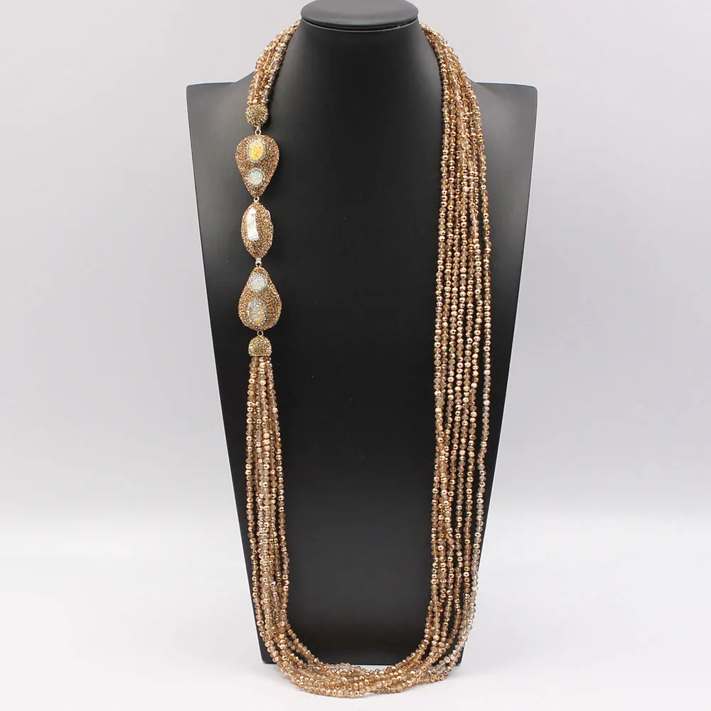 GG 38'' 7 Strands Yellow Golden Crystal Natural White Keshi Pearl CZ Rough Long Necklace Handmade For Women