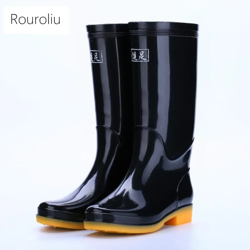 

Rouroliu Women Non-Slip Waterproof Warm Safety Shoes Female Autumn Winter Knee-High Rainboots Woman Water Boots Wellies FR32